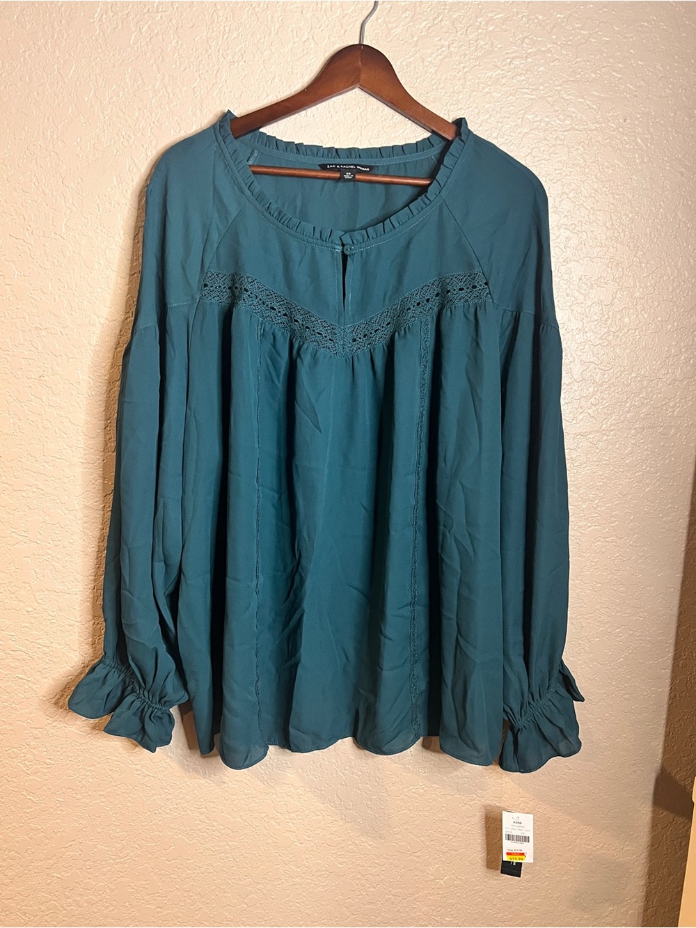 Zac & Rachel Teal Lace-Yoke Peasant Blouse